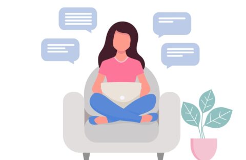 Girl with laptop on the chair. Freelance. studying concept. on the notebook, studying, browsing internet, chatting, blogging. Young woman working Cute illustration in flat style. Social distancing