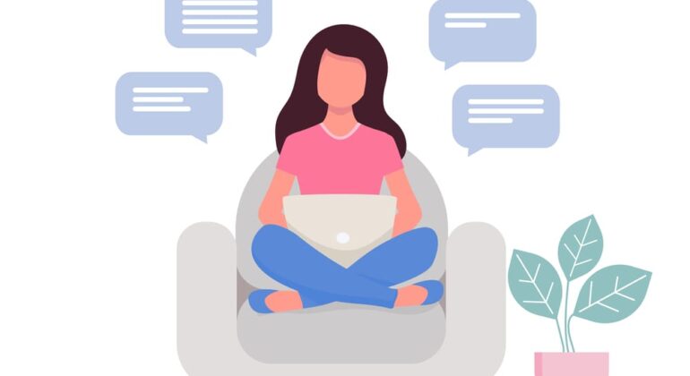 Girl with laptop on the chair. Freelance. studying concept. on the notebook, studying, browsing internet, chatting, blogging. Young woman working Cute illustration in flat style. Social distancing